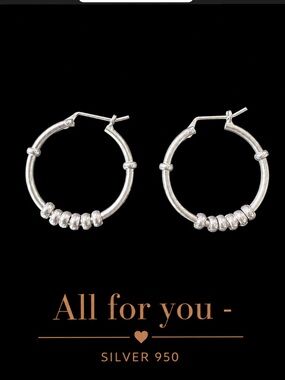 All For You Silver 950 Beaded Hoop Earrings in Silver